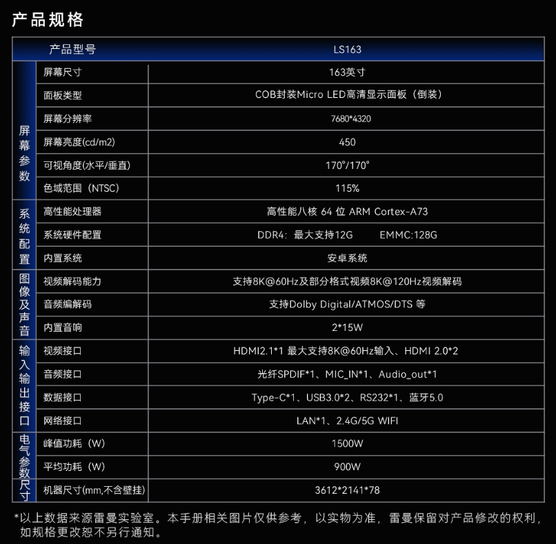 雷曼 8K 163 英寸 MicroLED 巨幕开启 50 元预售:搭载海思芯片,首发价 168 万元