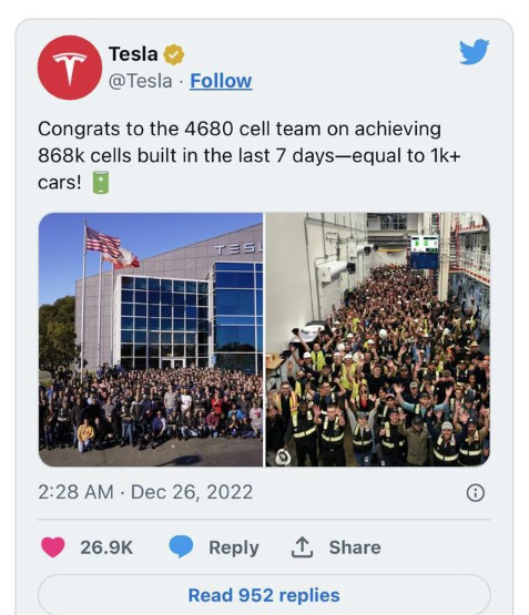 特斯拉:4680 电池周产超 86 万块,可满足 1000 辆 Model Y 用量