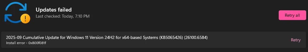 微软 Win11 KB5065426 存安装失败问题:出现多种错误码