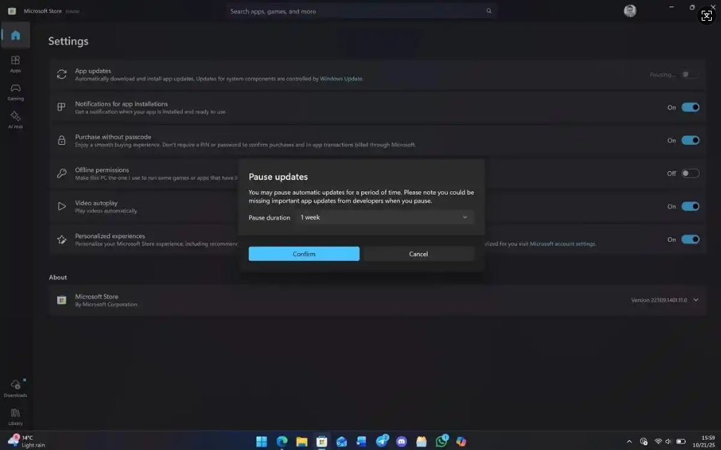 仅影响商店应用！Win11 微软商店取消永久停更，仅支持 1-5 周暂停