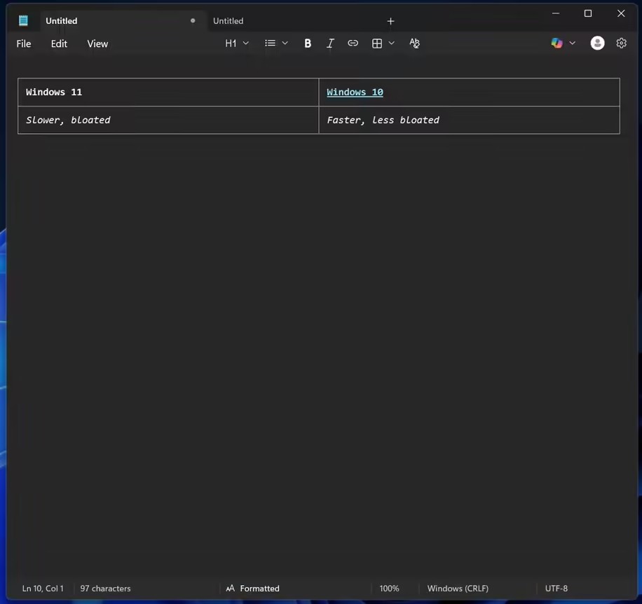 Win11 记事本新增原生表格功能,支持 Markdown 编辑